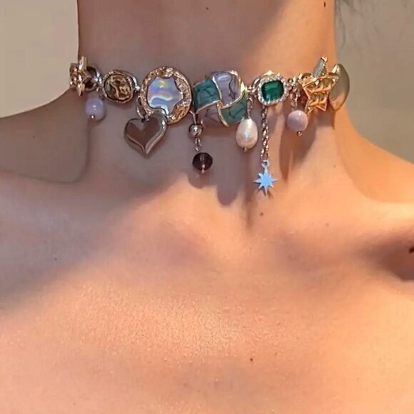 Boho Grunge Star & Faux Pearl Pendant Chunky Choker Necklace - Picture 1 of 3